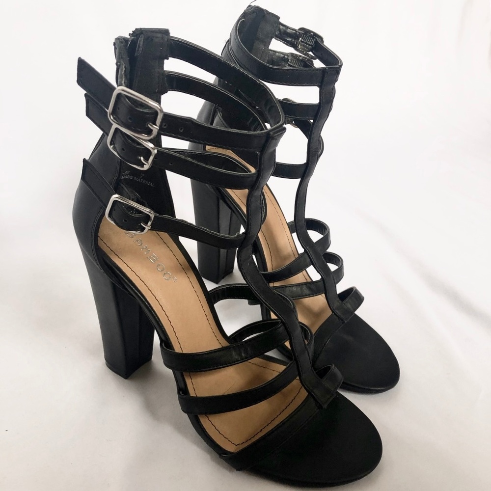 Bamboo Senza 07 Black Strappy Peep Toe Heels
